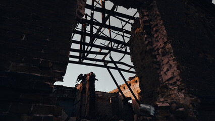 destroyed and burned houses in the city in Ukraine