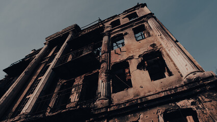 destroyed and burned houses in the city in Ukraine