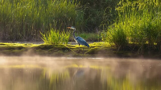 Heron standing perfectly still on riverbank with mirrored reflection in water. Patience in posture, soft ripples, tranquil setting.
