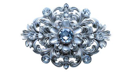 Silver Ornate Brooch with Blue Gemstone and Crystals