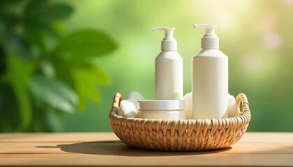 Organic Skincare Products in a Wicker Basket on Wooden Table