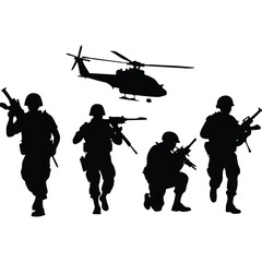 Fototapeta premium Military Soldiers Silhouettes with Helicopter Vector Illustration