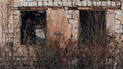 destroyed and burned houses in the city in Ukraine