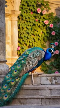 Peacock spreading tail feathers under bright garden sun. Color explosion, proud stance, ornamental detail.
