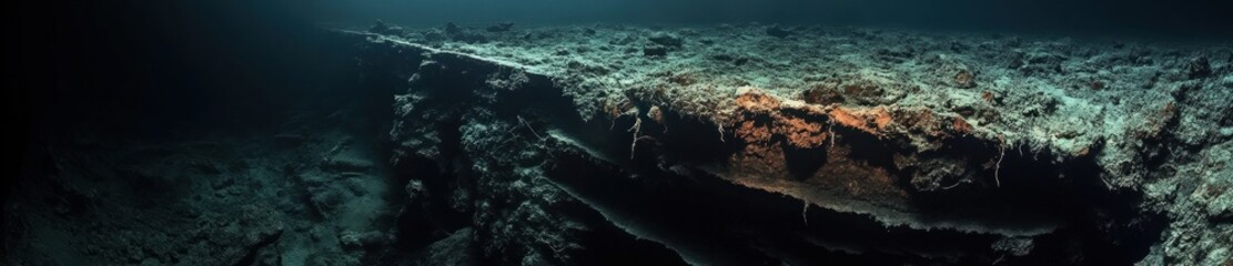 Obraz premium Sunlit shipwreck rests on ocean floor; dark, mysterious background; underwater exploration