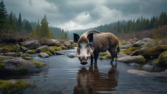 Wild boar drinking from forest stream surrounded by green moss and rocks. Low light, earthy tones, raw wilderness.

