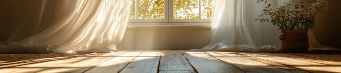 Fototapeta premium Sunlit wooden floor, sheer curtains, plants, window. Calm interior design