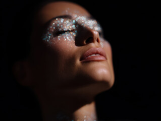 Sparkling glitter makeup on serene face in dark lighting