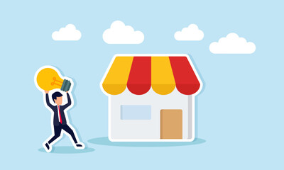Businessman carrying a lit lamp toward a shop or house, illustration of presenting a business idea