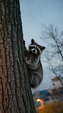 Raccoon climbing down tree trunk with paws reaching. Mischievous expression, urban edge forest, dusk lighting.
