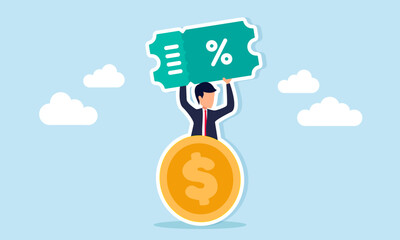 Businessman appearing from behind a dollar coin carrying a voucher or ticket, illustration of business strategy for giving discounts