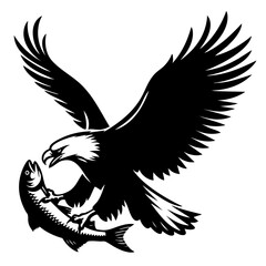 Obraz premium Majestic Eagle Catching Fish: A Black and White Illustration