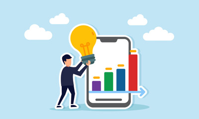 Businessman holding a lamp next to a smartphone displaying a graph, illustration of ideas to improve digital business performance