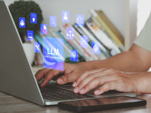 LLM or Large Language Model Businessman working on laptop Large language model The ability to create language With artificial intelligence technology Digital innovation and future communication