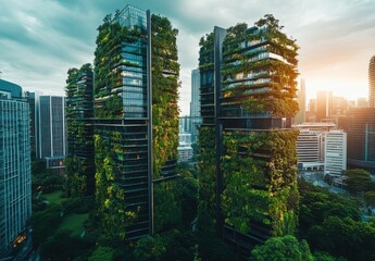 Obraz premium Green Skyscrapers at Sunset Urban Greenery and City Skyline