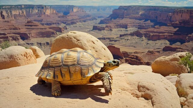 Desert tortoise crawling between rocks in arid canyon under bright sun. Harsh light, cracked textures, ancient resilience.
