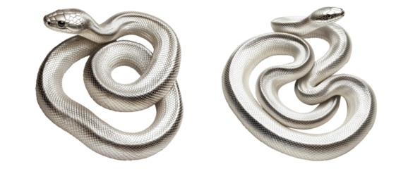 Coiled silver snake sculpture with detailed scales isolated on white transparent background, reptiles or wildlife, symbolizing Chinese Lunar New year