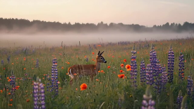 Fawn hiding in tall wildflowers with only ears visible. Shy presence, spring tones, natural camouflage.

