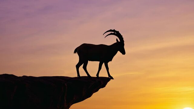 Ibex standing on narrow cliff edge above vast desert canyon. Vertical tension, survival focus, dramatic scale.
