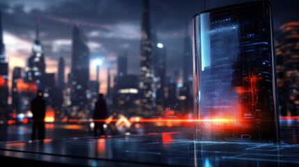 Fototapeta premium Futuristic cityscape with holographic technology urban setting digital art nighttime perspective innovation