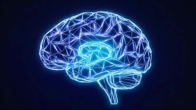 Abstract representation of human brain with glowing neuron network on black background. AI meets biology, sharp lines, conceptual design.
