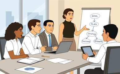 Business Meeting Illustration – Female Presenter and Team Discussing Strategy. Young female speaker explaining marketing strategy to colleagues. business woman giving  presentation. 