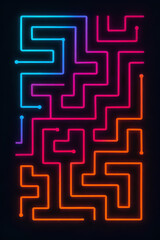 A captivating neon maze design featuring a gradient of vibrant, bright colors on black.