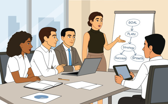 Business Meeting Illustration &ndash; Female Presenter and Team Discussing Strategy. Young female speaker explaining marketing strategy to colleagues. business woman giving  presentation. 