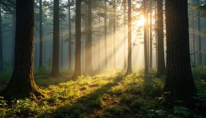 Fototapeta premium Sunlight streams through tall trees in a forest. Rays of light illuminate rich green undergrowth. Tranquil scene shows interplay of light shadow evoking calmness peace. Trail leads into sunlit woods.