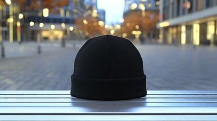 Black Beanie on a Bench in the City at Dusk