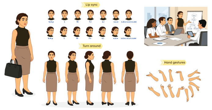Business Female/ Woman Character Model Sheet &ndash; Office Setting Illustration. Business woman Creation Set, Animation Character, 2d Animated Character, Character Model sheet. Female Character Turnaround 