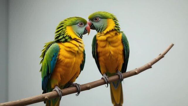 Two parakeets perched on branch detailed closeup image of colorful birds