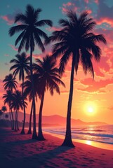 Tropical beach with palm trees, ocean waves and colorful sunset sky, digital illustration for summer travel and vacation concept