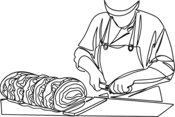 One line drawing of a butcher editable, Continuous line butcher making slices of meat. Single line. Hand draw on white background. 