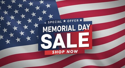 Memorial Day Sale Banner: Bold White Text on Blue & Red Panels, "Shop Now" Offer, US Flag Background. Patriotic Design for Marketing Holiday Event.