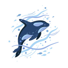Killer whale swims among the sea waves on a white background. Mammal for the encyclopedia of the inhabitants of the oceans, the design of books, postcards, textiles. Orca vector illustration.