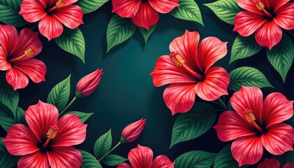 Fototapeta premium Bold tropical hibiscus blooms and lush foliage, repeating seamlessly , green, floral design, photo