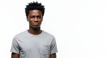 A young man with a thoughtful expression posing against a white background, reflecting emotion and contemplation.