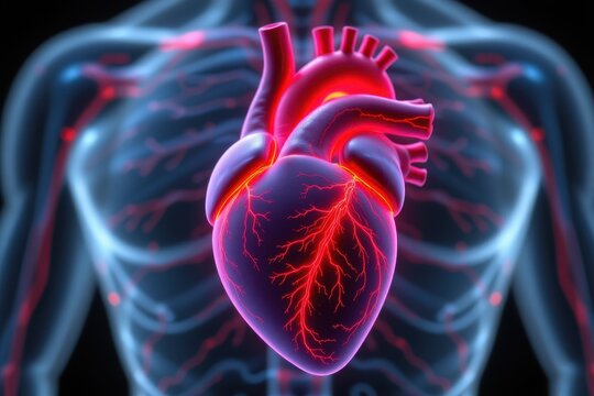 3d render of human heart glowing with perfusion pathways highlighted in neon red
