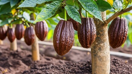 Cocoa pods hang heavy on cacao trees