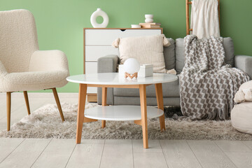 Cozy sofa, armchair and coffee table in interior of living room