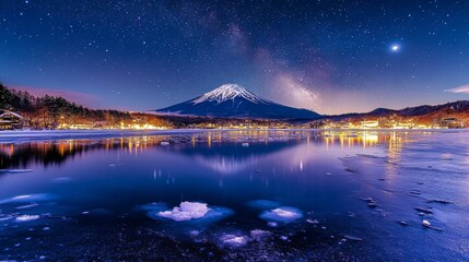A snowy mountain under the starry sky, with ice floating on it and clear water in front of you. The vast sea is covered by snowflakes, and the magnificent scenery presenting an icy blue color tone