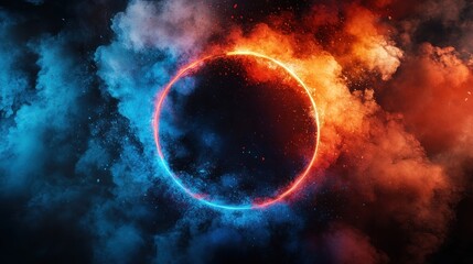 Abstract cosmic ring encircled by vibrant contrasting smoke.