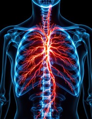 x ray style image of thoracic aneurysm in black and blue, futuristic medical visualization, glowing veins