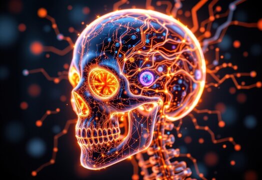 artistic fusion of human skull and vascular aneurysm in neon wireframe, science and technology mashup