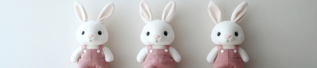 Fototapeta premium Three plush bunnies in overalls on white. Baby room decor