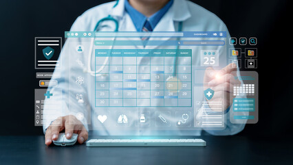 Medical checkup as annual doctor health test appointment concept. Medical worker with virtual...