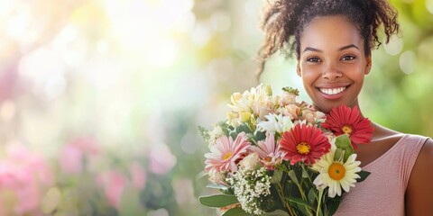 Naklejka premium portrait of a young woman holding a beautiful bouquet of flowers 