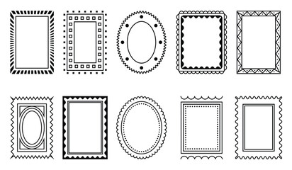 Decorative stamp border frames set vintage style vector outline collection for greeting cards, wedding and birthday party. Hand drawn ornament borders for social media decoration template.