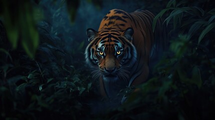 Tiger stalking through jungle at night